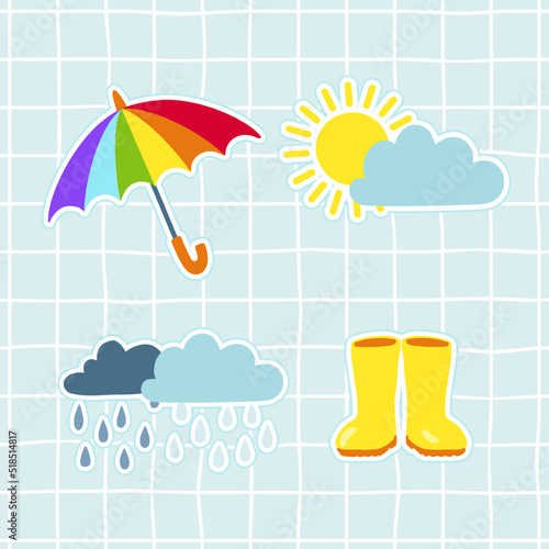Monsoon stickers set. Autumn weather illustrations with sun, clouds and rain, umbrella and rain boots.