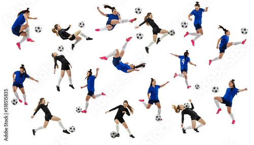 Set of dynamic images of female professional football soccer players with ball in motion  action isolated on white studio background. Sport concept