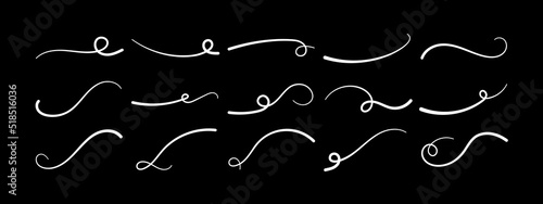 Swoosh underline hand drawing set. Calligraphic inscriptions emphasize the curved line. Vector typography elements. Collection of black brush strokes isolated on white background. Ornament of tails.