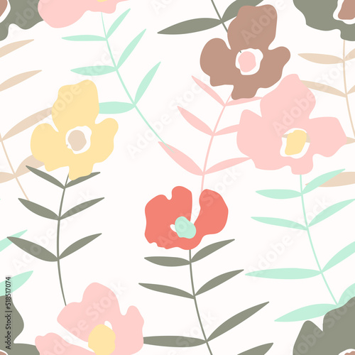 Seamless floral pattern with roses based on traditional folk art ornaments. Colorful flowers onwhite background. Doodle style. Vector illustration. Design for fabric, textile, paper