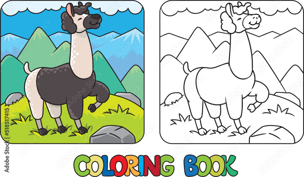Fototapeta premium Funny llama standing on lawn. Kids coloring book
