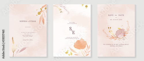 Luxury fall wedding invitation card template. Watercolor card with gold line art, eucalyptus, leaves branches, foliage. Elegant autumn botanical vector design suitable for banner, cover, invitation.