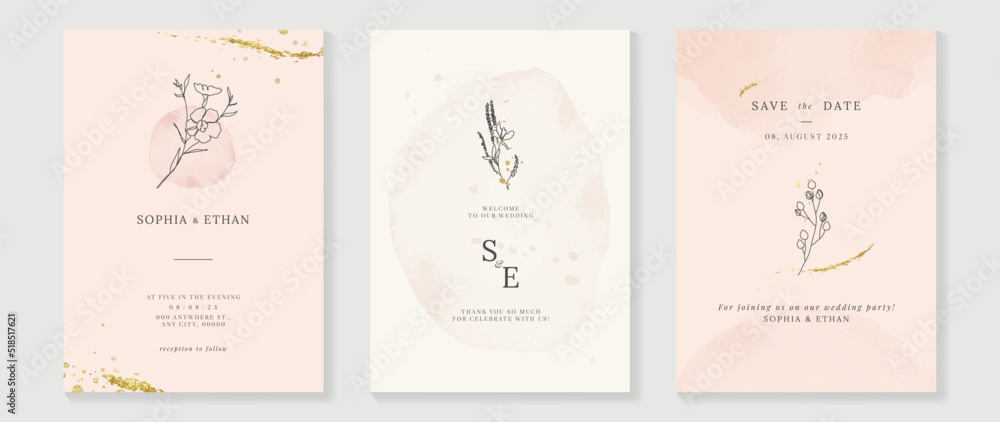 Luxury fall wedding invitation card template. Watercolor card with gold line art, flowers, leaves branches, foliage. Minimal autumn botanical vector design suitable for banner, cover, invitation.