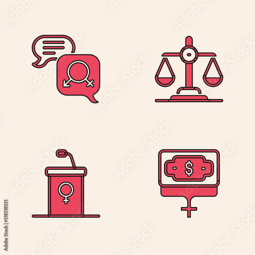 Set Money growth woman, Gender equality, and Debate podium rostrum icon. Vector