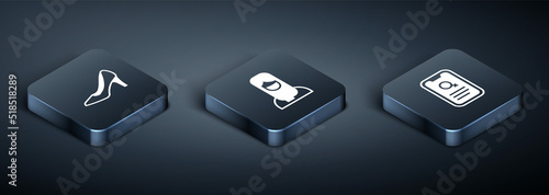 Set Isometric Woman shoe, Dating app and Muslim woman hijab icon. Vector