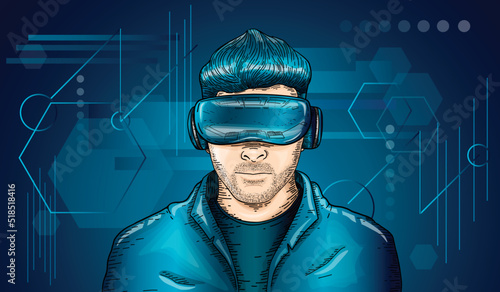 Vector Hand Drawn Engraving Style Guy wearing Virtual Reality headset Abstract VR world Person wearing virtual reality glasses and traveling the world Meta verse Virtual guide Technology Concept