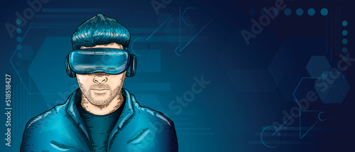 Vector Hand Drawn Engraving Style Guy wearing Virtual Reality headset Abstract VR world Person wearing virtual reality glasses and traveling the world Meta verse Virtual guide Technology Concept