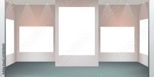 Illustration vectorielle pour la présentation d’œuvres d’art dans un musée, avec un mur et un éclairage pour une mise en situation des tableaux.