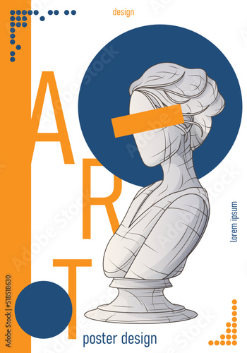 Vector poster design with sculpture of female bust, geometric shapes. Minimal creative design. Illustration of sculpture. Design of banner, poster, advertising, website. Art space, art school concept.