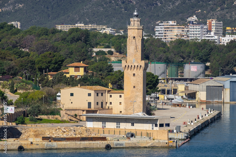 Signal Tower or Porto Pi lighthouse, XV century, declared a Historic-Artistic Monument on August 14, 1983. Palma, Mallorca, Balearic Islands, Spain