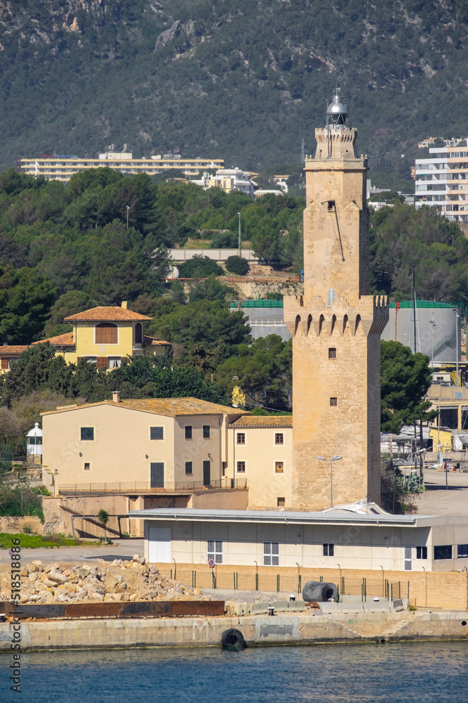 Signal Tower or Porto Pi lighthouse, XV century, declared a Historic-Artistic Monument on August 14, 1983. Palma, Mallorca, Balearic Islands, Spain