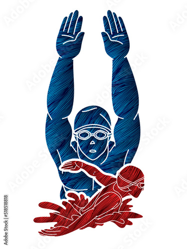 Group of People Swimming Together Swimmer Action Cartoon Sport Graphic Vector