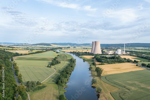 View of drone of nuclear power plant and river