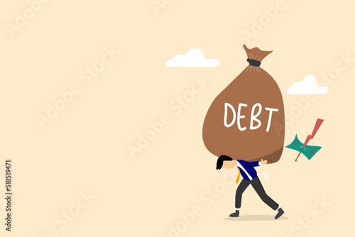 Debt and inflation concept. Man in suit, businessman character bears a debt on his back . Vector, illustration, flat.