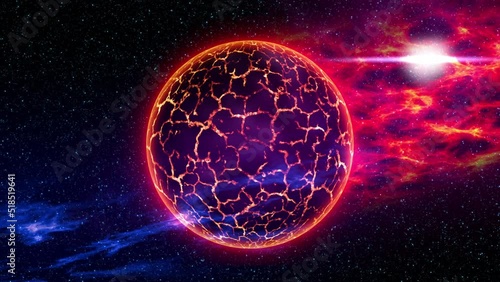 Rotaing Red planet or Red Dwarf star dying at nubula - 3D animation. Hot lava on the planet. Seamless loopable animation.