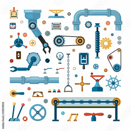 gears. mechanical and robotic parts to different automatic conveyor mechanism. Vector industrial concept pictures in flat style