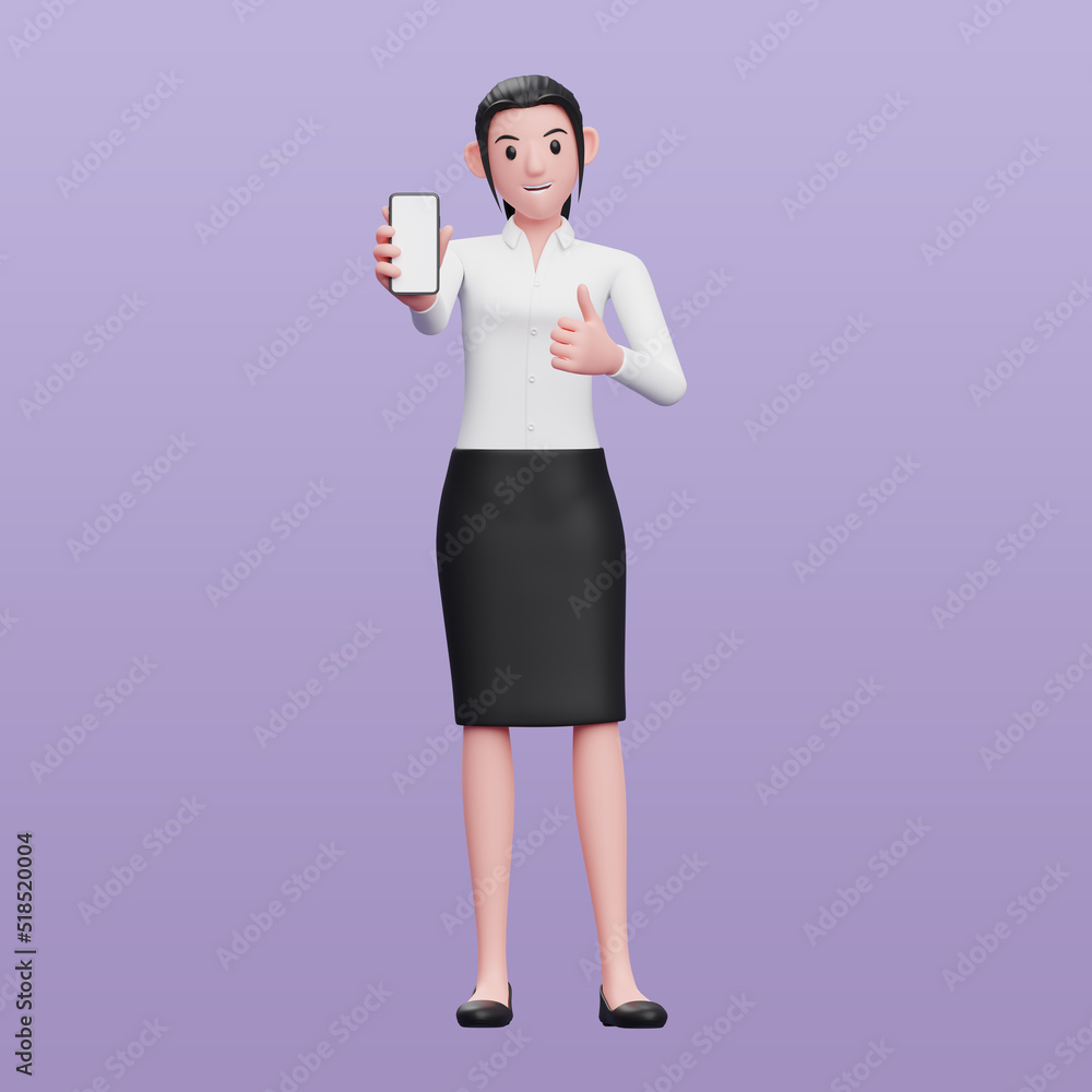 smart woman give thumbs up and showing smartphone screen, 3d illustration of business woman holding phone smart woman give thumbs up and showing smartphone screen, 3d illustration of business woman holding phone