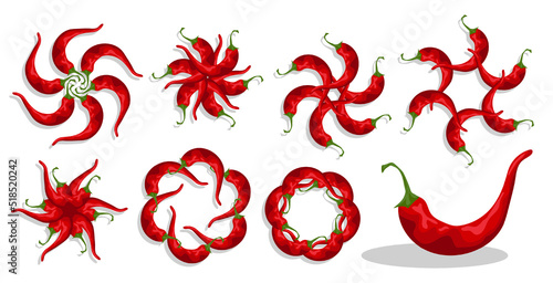 Hot red pepper to decorate Mexican dishes. Hot chili pepper in form of sun or flower on top of dish. Cartoon vector isolated on white background