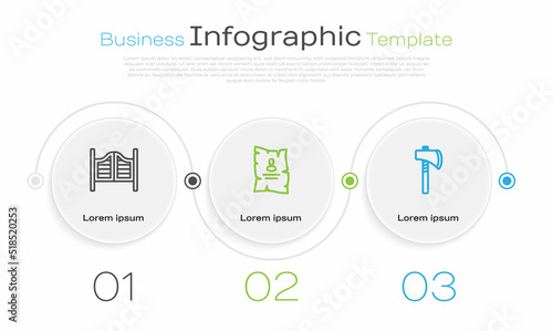 Set line Saloon door, Wanted western poster and Tomahawk axe. Business infographic template. Vector