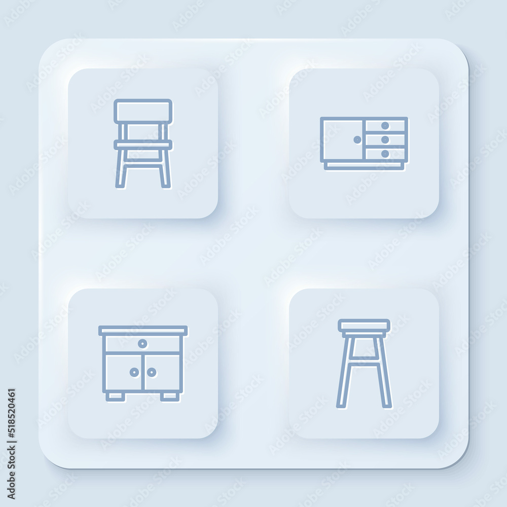 Set line Chair, Chest of drawers, Furniture nightstand and . White square button. Vector