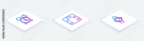 Set Isometric line Alarm clock, Bathroom scales and Smart watch. White square button. Vector