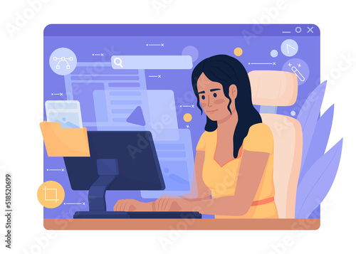 Web artist portfolio 2D vector isolated illustration. Remote work searching flat character on cartoon background. Colourful editable scene for mobile, website, presentation. Comfortaa font used