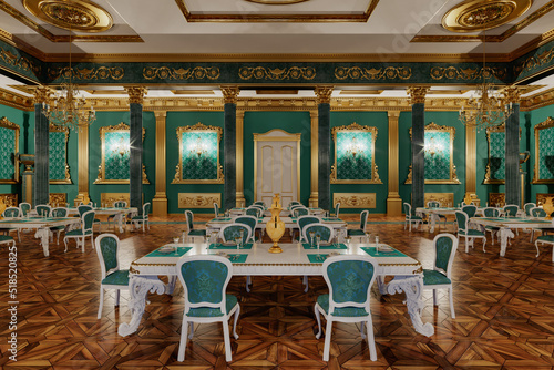 The ballroom and restaurant in classic style. 3D render.