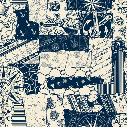 Nautical marine sailing elements patchwork vintage vector seamless pattern