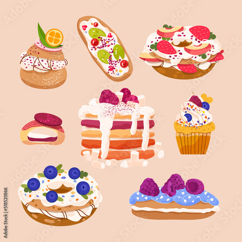Yummy cream puff vector set with fruits. Sweet Eclair, cupcake, profiterole, pastry flat illustration