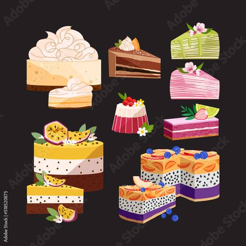 Colorful pieces of mousse and crepe cake, cheesecake vector set. Cute fruit pastry flat illustration. Layered dessert