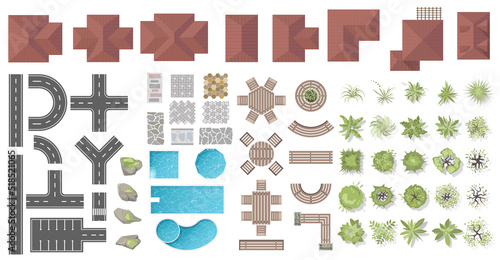 Architectural and Landscape elements top view for town, village. Collection of houses, plants, garden, tree, road element, swimming pool, outdoor furniture, tile. Kit of objects view from above