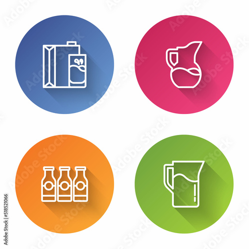 Set line Paper package for milk, Milk jug pitcher, Bottle with and . Color circle button. Vector