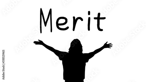 両手を広げる女性シルエットとMeritの文字_モノクロ