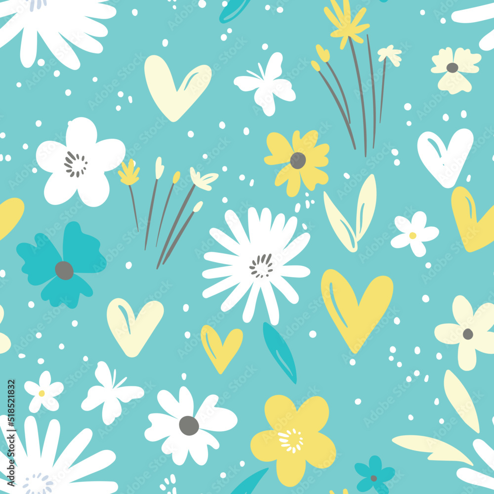 Seamless floral pattern based on traditional folk art ornaments. Colorful flowers on color background. Scandinavian style. Sweden nordic style. Vector illustration. Simple minimalistic pattern