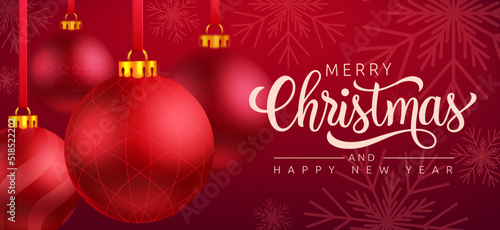 Christmas holiday vector background design. Merry christmas greeting text  in red background and snowflakes pattern with elegant hanging red balls for xmas season.  Vector illustration.
