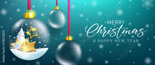 Christmas eve greeting vector design. Merry christmas text with hanging crystal balls in snow background for holiday season celebration. Vector illustration.
