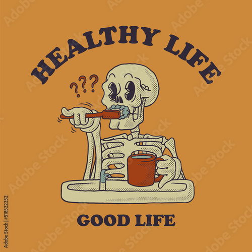 cartoon emblem of toothbrushing skeleton with retro style