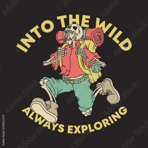 retro illustration of backpacker skeleton 