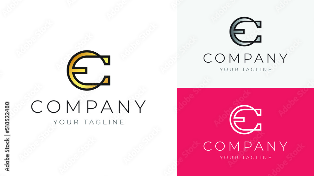 Initial letters EC Abstract vector monogram symbol template. Alphabet EC , CE monochrome with silver & gold icon set Illustration