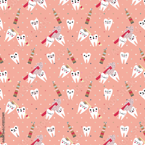 Kawaii tooth kids dental care vector educational seamless pattern background. Cute cartoon characters with toothbrush, tooth paste, brushing teeth. Fun children oral health pink white repeat.