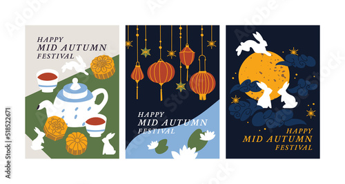 Vector set of backgrounds or posters for Mid Autumn Festival or Mooncake Festival with illustration rabbits and paper lanterns and decoration.