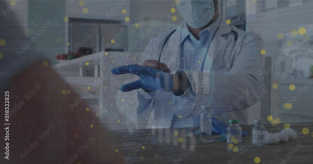 Animation of yellow dots over caucasian doctor in face mask and gloves preparing for vaccination Animation of yellow dots over caucasian doctor in face mask and gloves preparing for vaccination