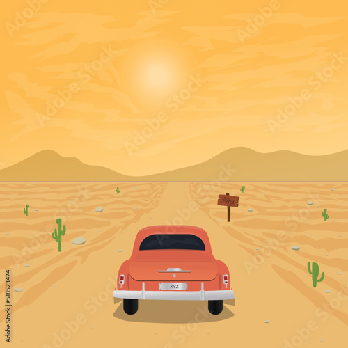 Car in the desert illustration.