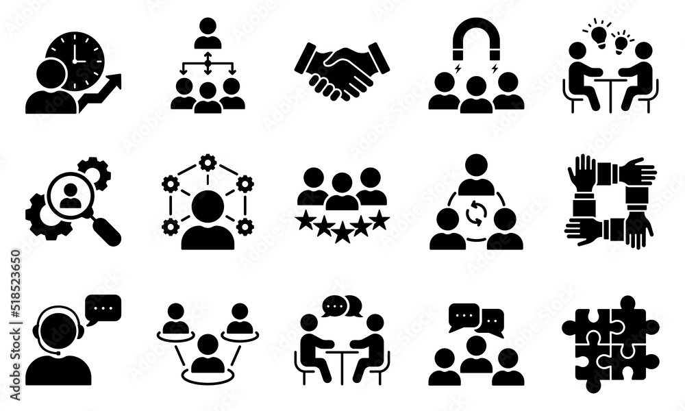 Fototapeta premium Teamwork Community Business People Partnership Glyph Pictogram Collection. Human Resource Management Collaboration Silhouette Icon Set. Employee Lead Career Icon. Isolated Vector Illustration