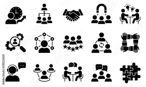 Teamwork Community Business People Partnership Glyph Pictogram Collection. Human Resource Management Collaboration Silhouette Icon Set. Employee Lead Career Icon. Isolated Vector Illustration