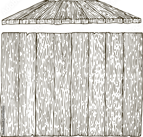 Two wooden shields made of boards from different angles. Freehand drawing.