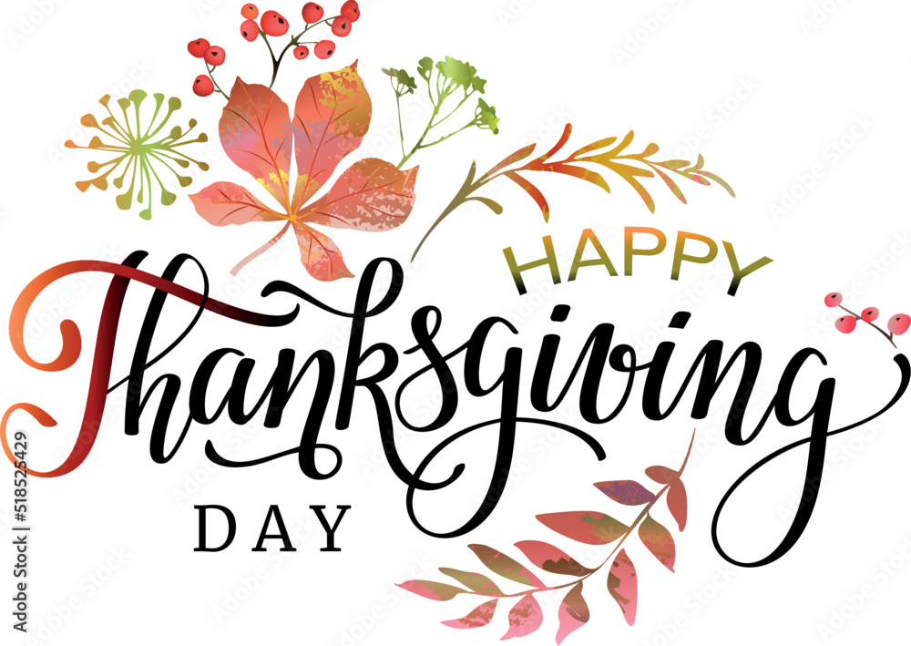 Handwritten Thanksgiving lettering with autumn leaves for postcard, icon, logo or poster. Handwritten Thanksgiving lettering with autumn leaves for postcard, icon, logo or poster.