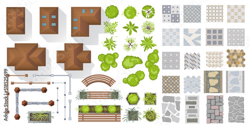 Architectural and Landscape elements top view for town, village. Set of houses, plants, garden, fence, tree, outdoor furniture, tile path for project, plan, map, yard. Collection. View from above