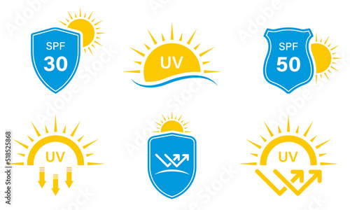 Ultraviolet Protect Silhouette Icon Set. SPF 50 30 Resistant Sunblock Glyph Pictogram. Shield Protection UV Radiation Rays Skin Care Icon. Solar Protection Arrows Sign. Isolated Vector Illustration