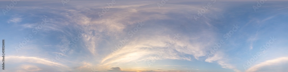Bright sunset sky panorama with Cirrus clouds. Hdr seamless spherical equirectangular 360 panorama. Sky dome or zenith for 3D visualization, game and sky replacement for aerial drone 360 panoramas.